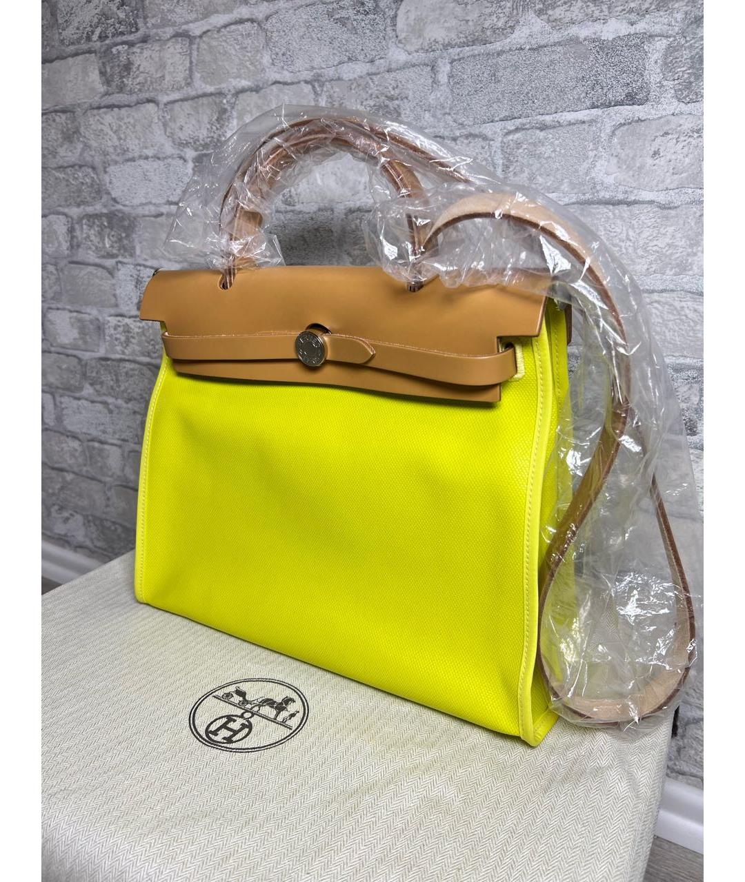 HERMES Желтая тканевая сумка с короткими ручками, фото 2
