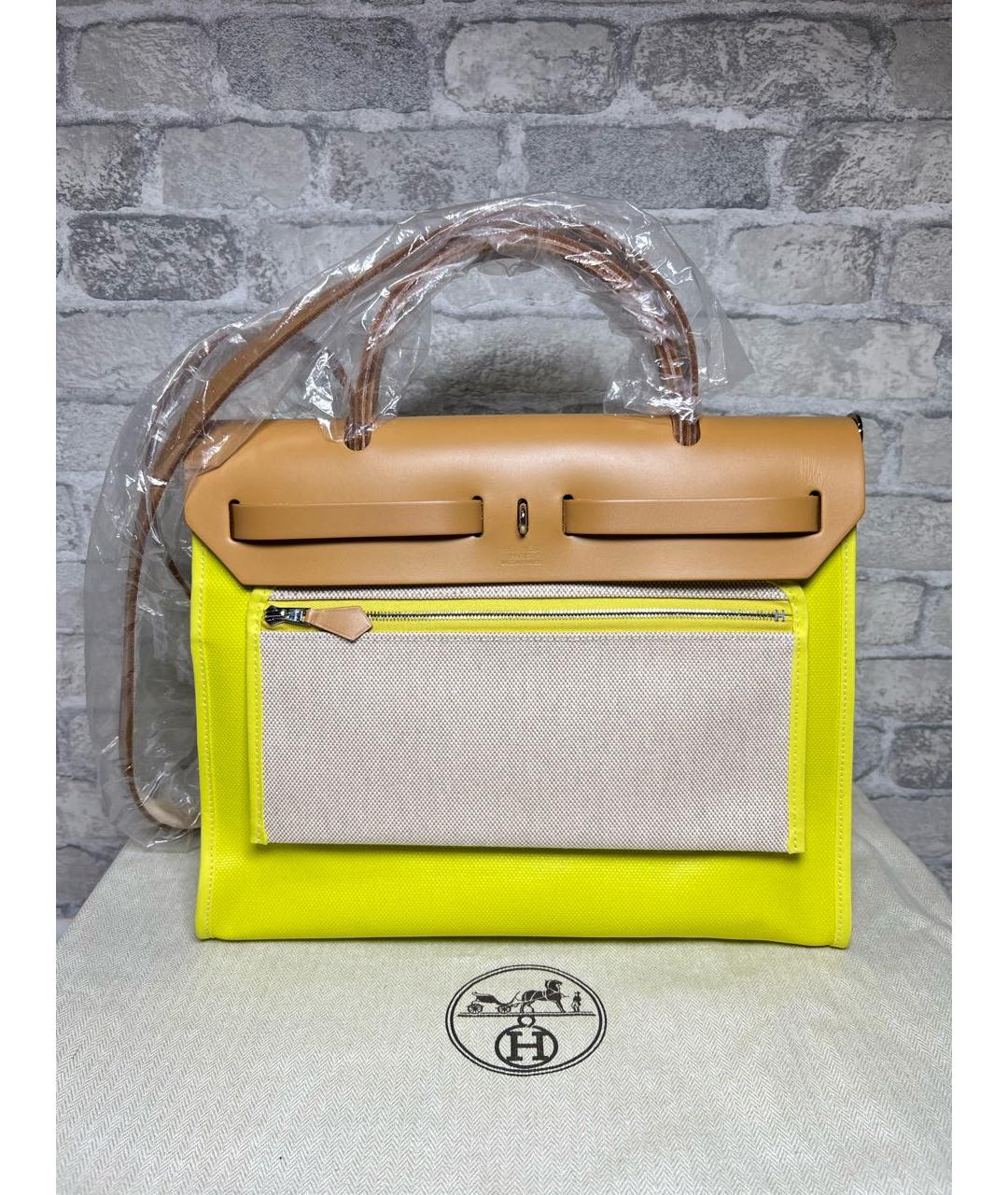 HERMES Желтая тканевая сумка с короткими ручками, фото 3