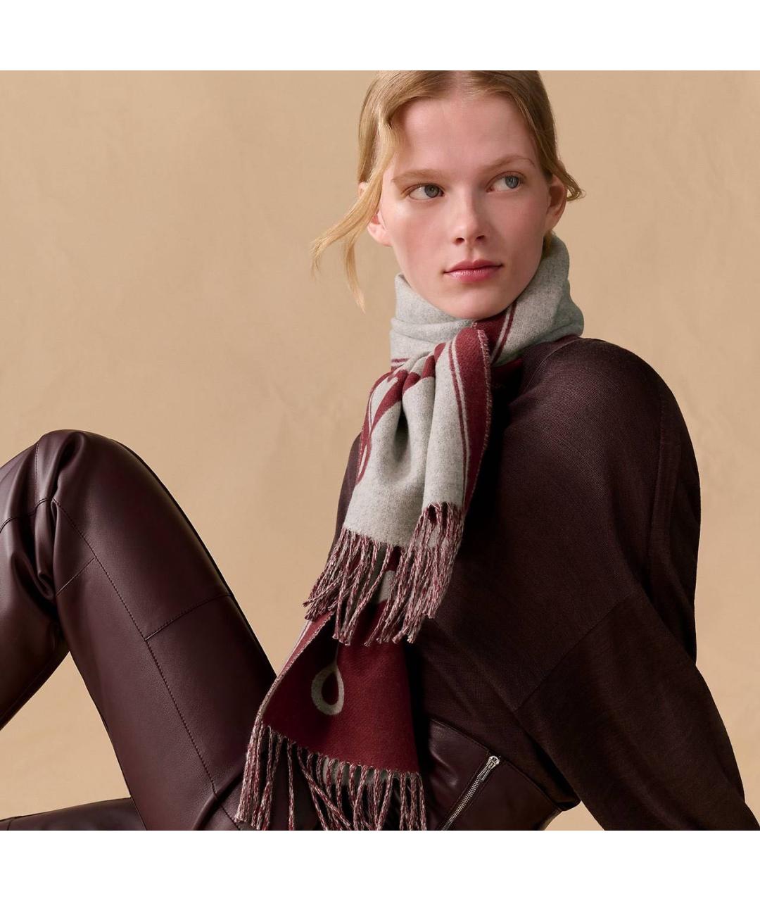 HERMES Бордовый кашемировый шарф, фото 4