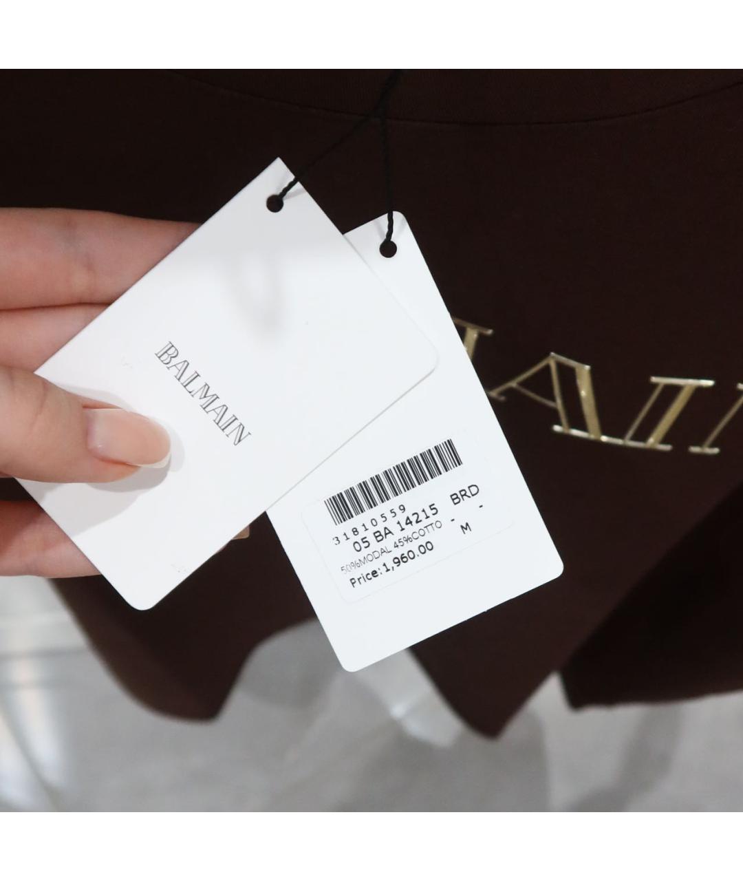 BALMAIN Коричневая хлопко-эластановая футболка, фото 3