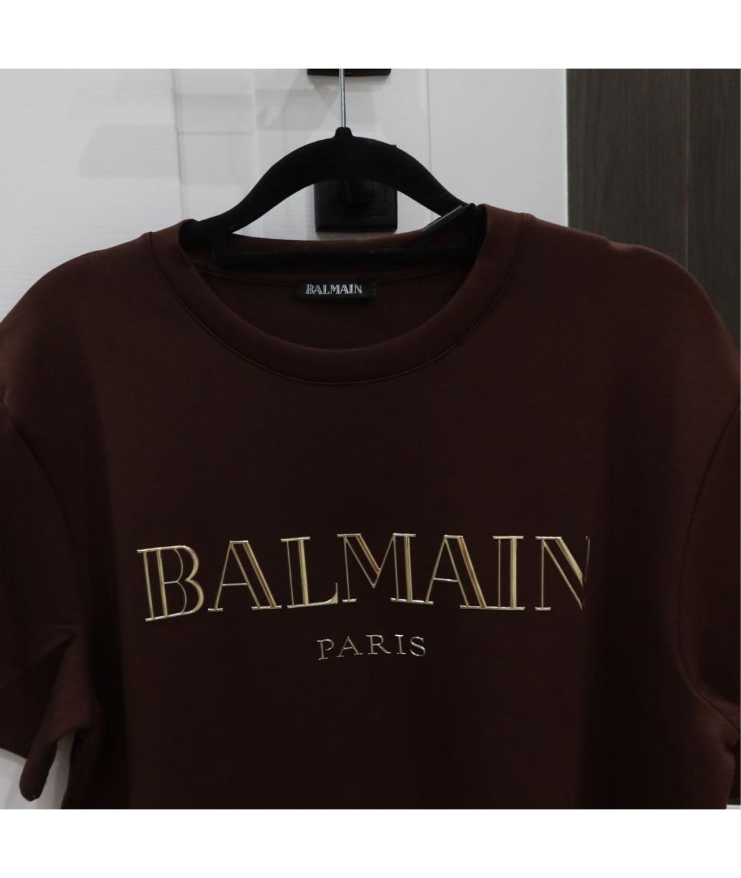 BALMAIN Коричневая хлопко-эластановая футболка, фото 2