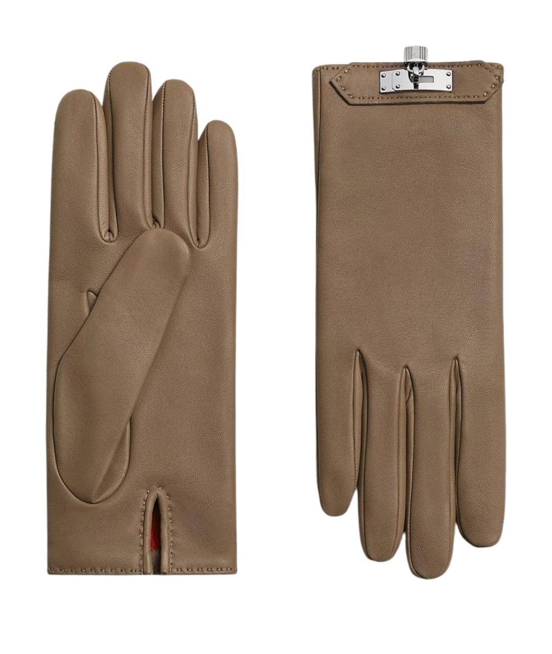 HERMES Бежевые кожаные перчатки, фото 1