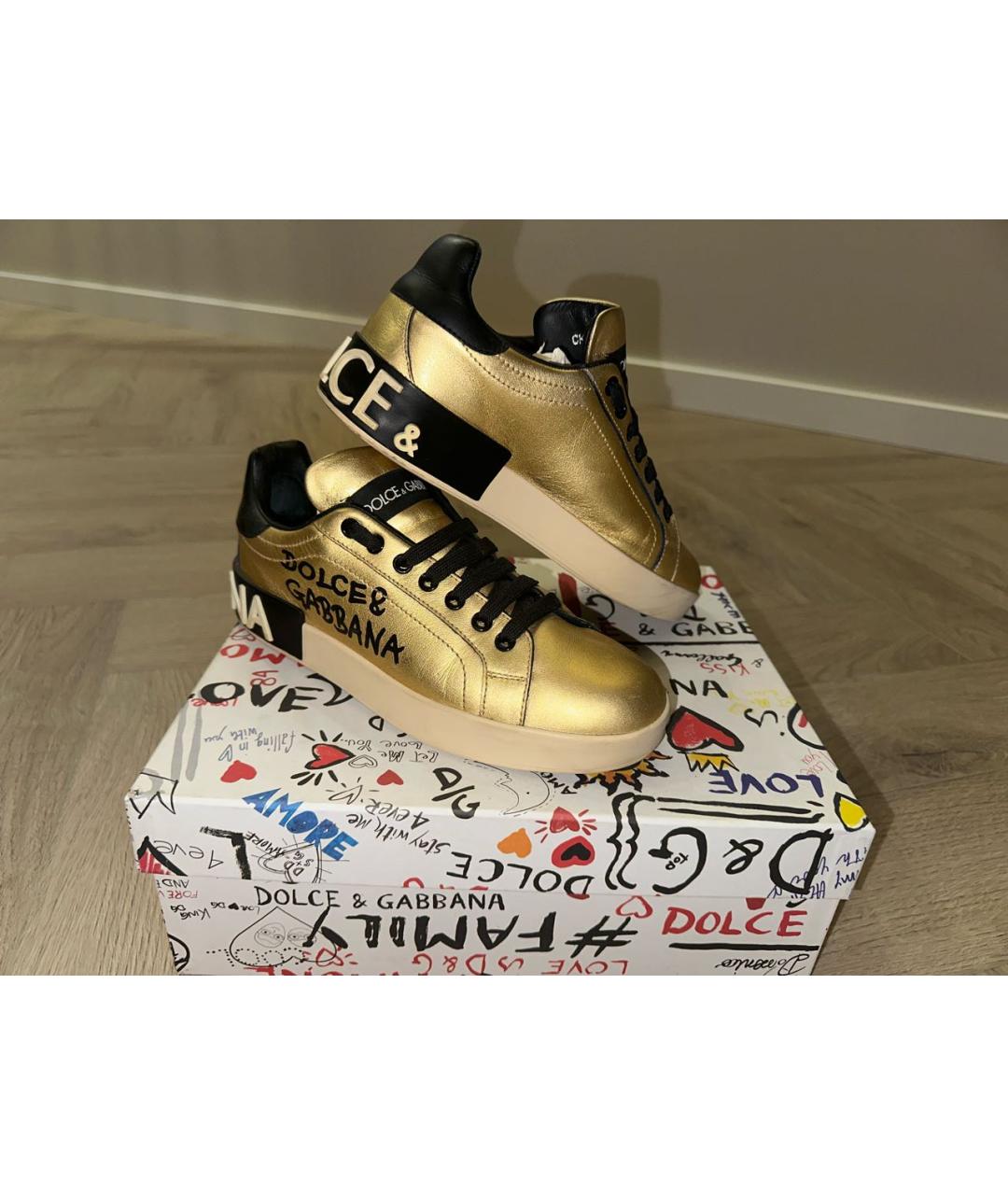 DOLCE&GABBANA Золотые кожаные кеды, фото 6