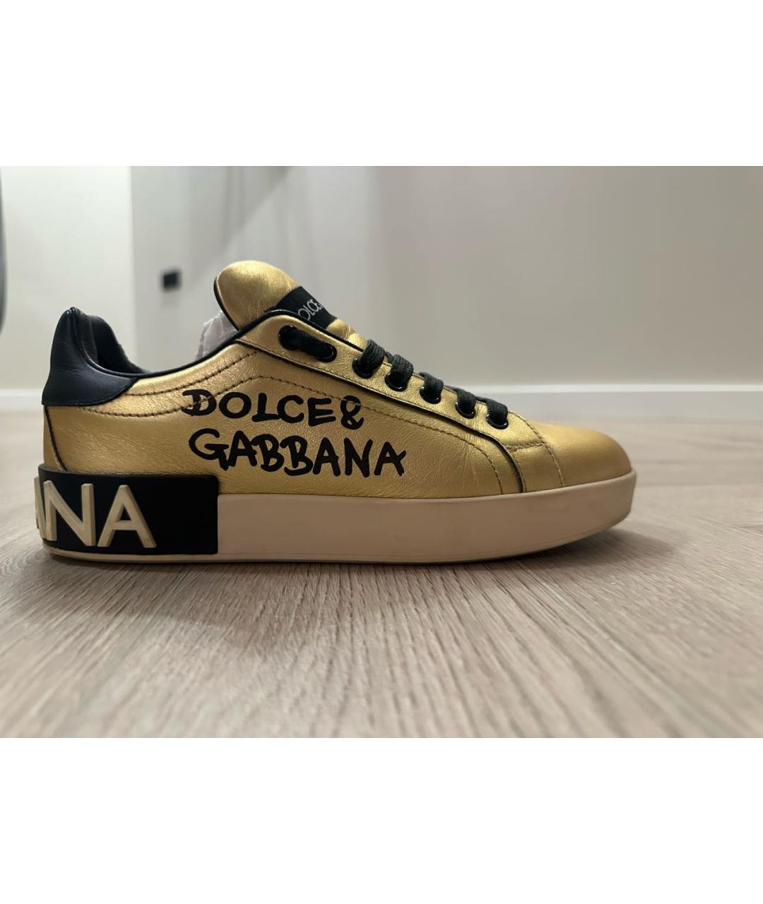 DOLCE&GABBANA Золотые кожаные кеды, фото 8