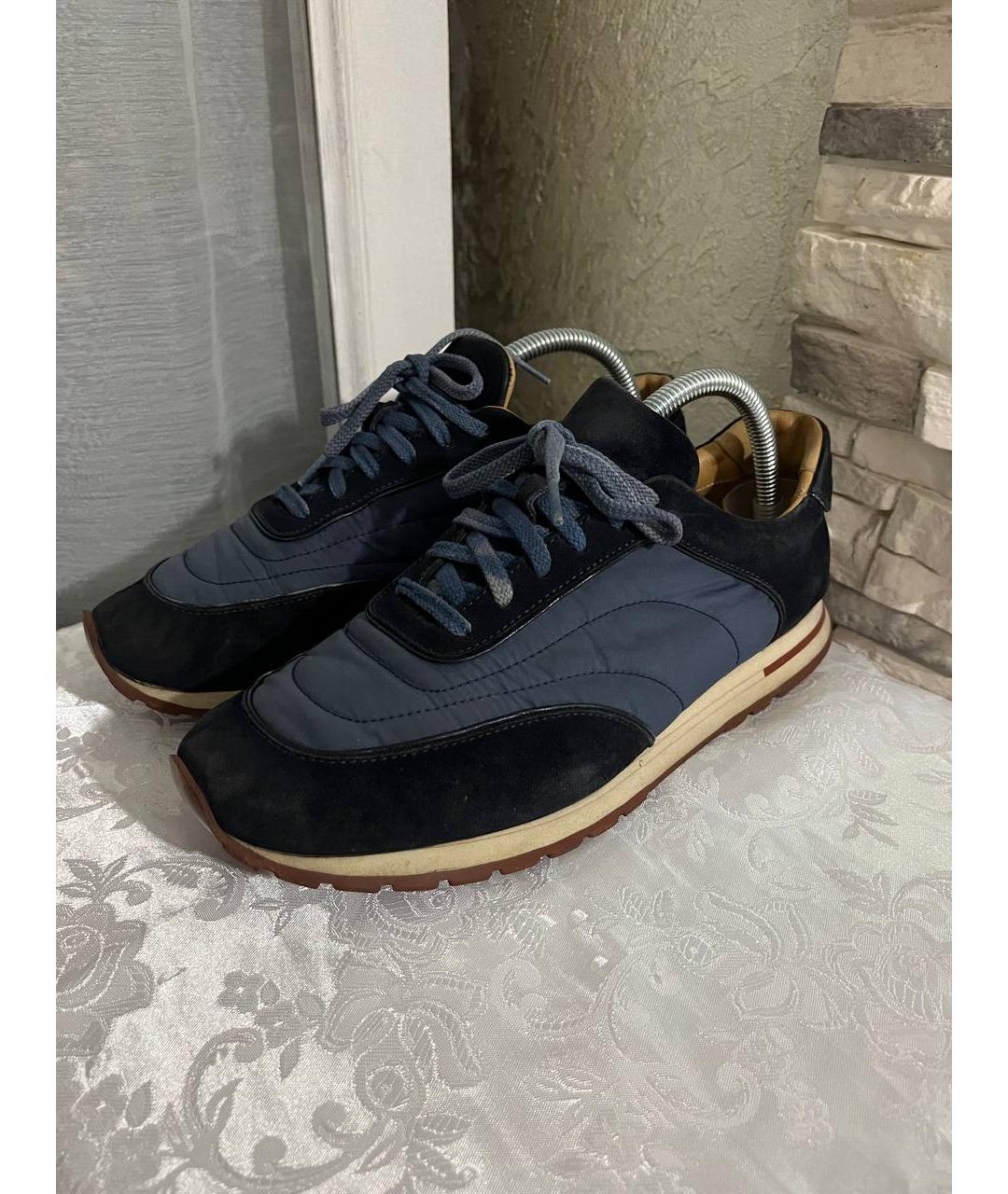 LORO PIANA Темно-синие кожаные низкие кроссовки / кеды, фото 7