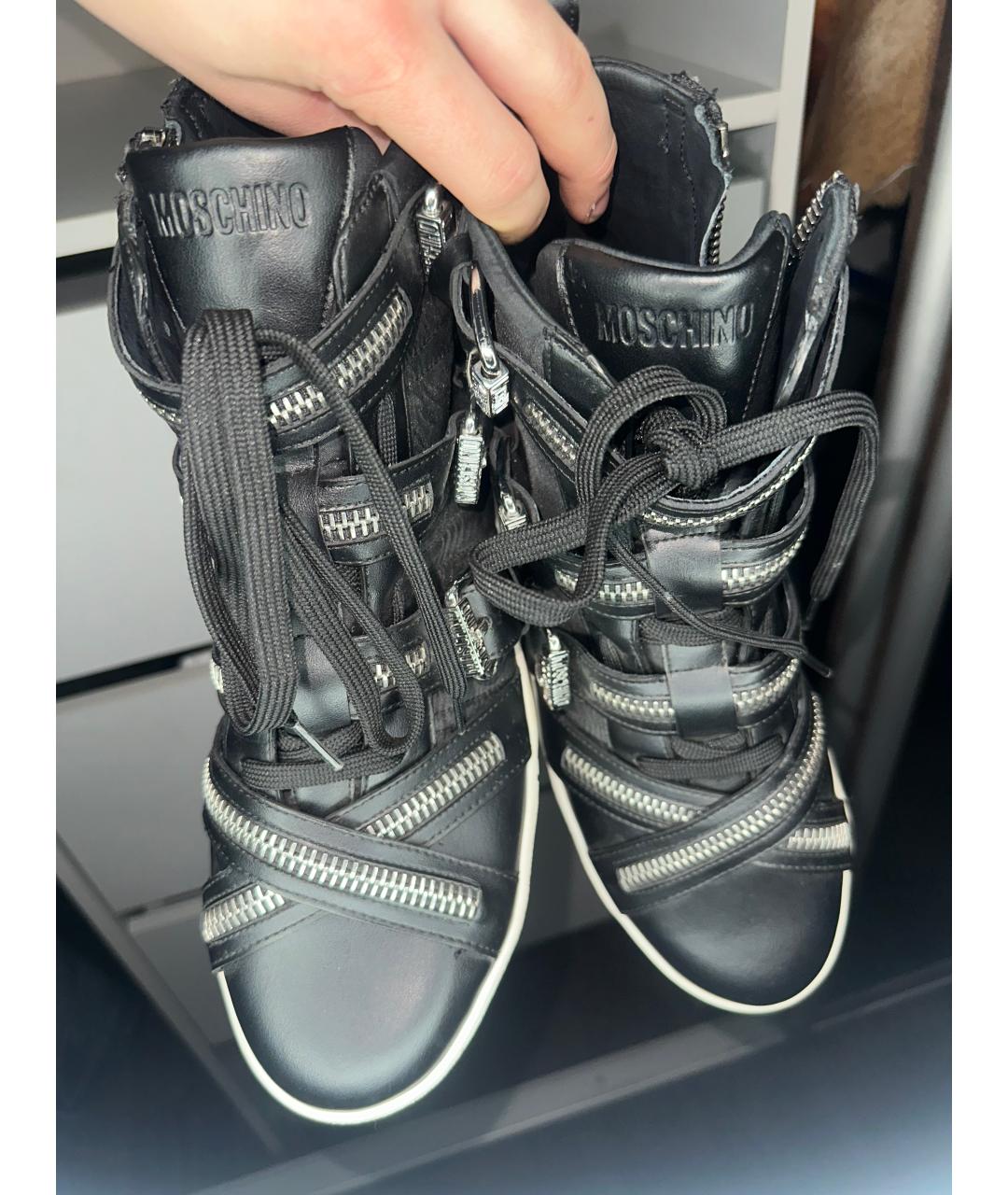 MOSCHINO Черные кожаные высокие кроссовки / кеды, фото 2