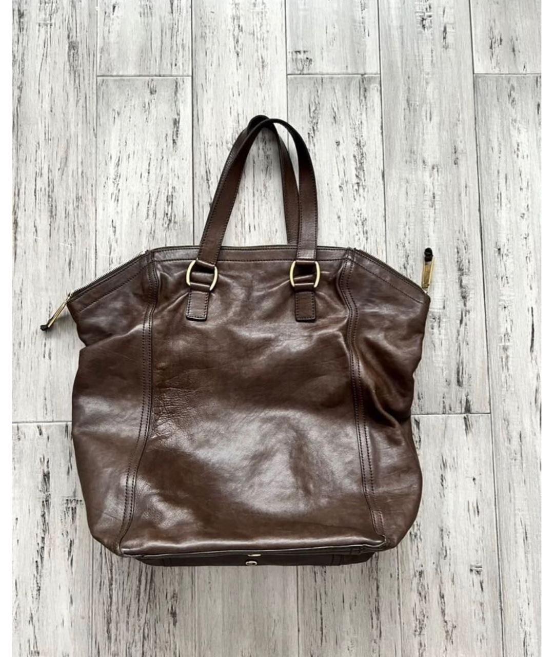 SAINT LAURENT Коричневая кожаная сумка с короткими ручками, фото 2