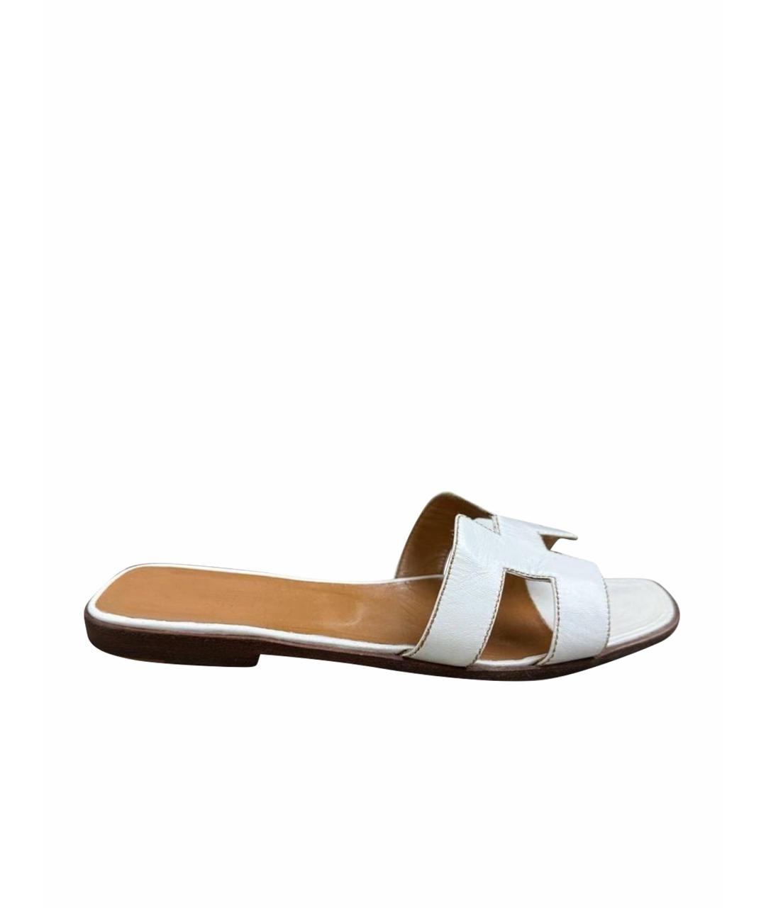 HERMES Белые кожаные шлепанцы, фото 1