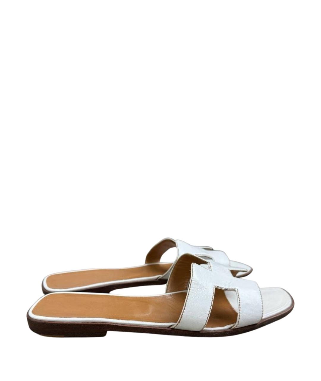 HERMES Белые кожаные шлепанцы, фото 7