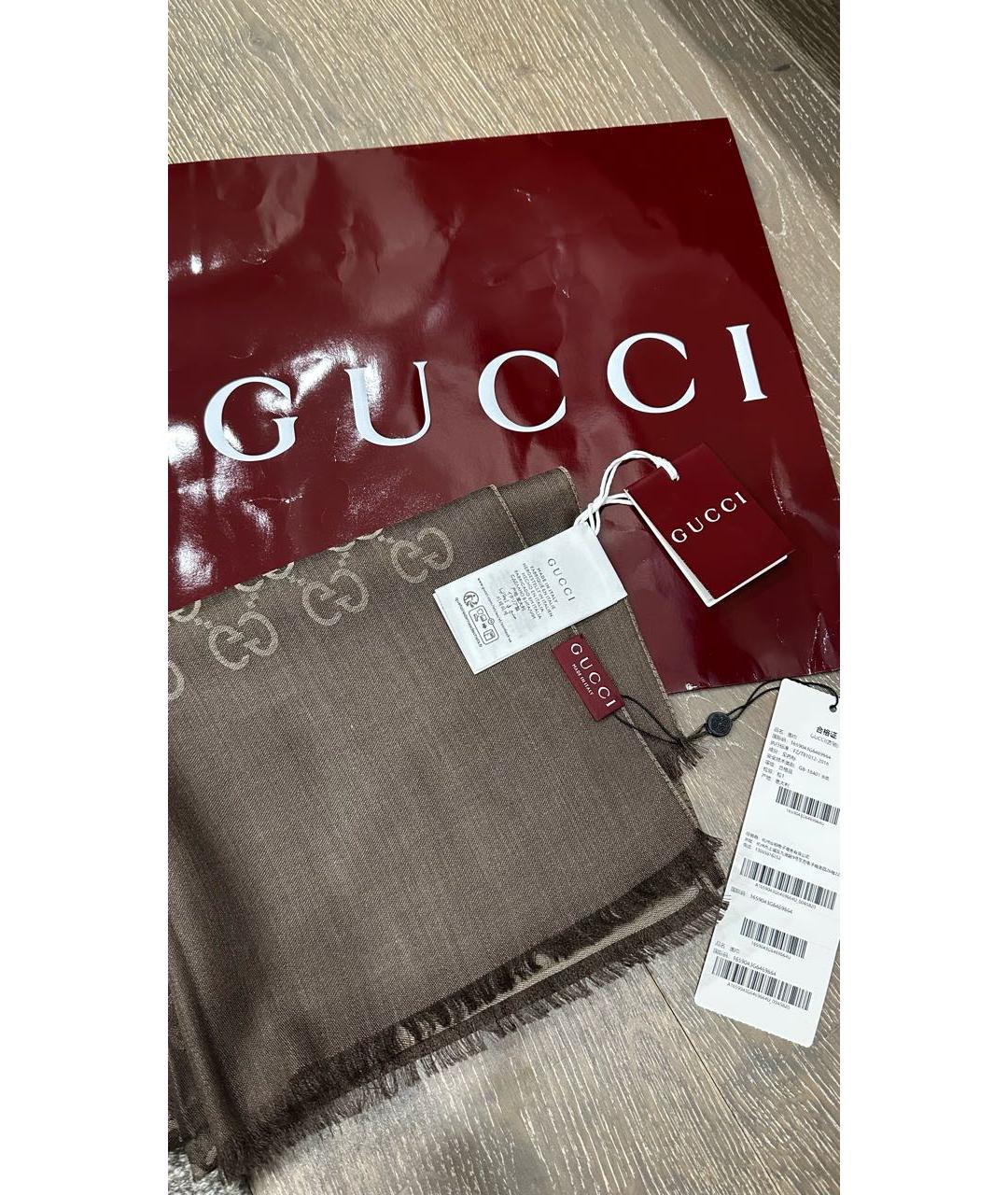 GUCCI Коричневый шерстяной шарф, фото 6