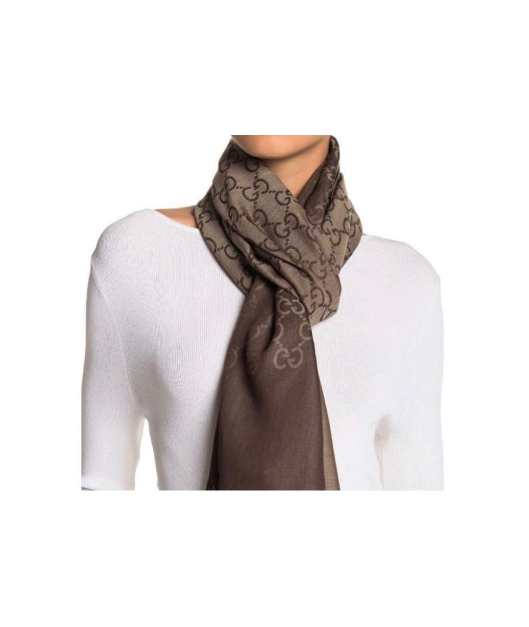 GUCCI Коричневый шерстяной шарф, фото 2