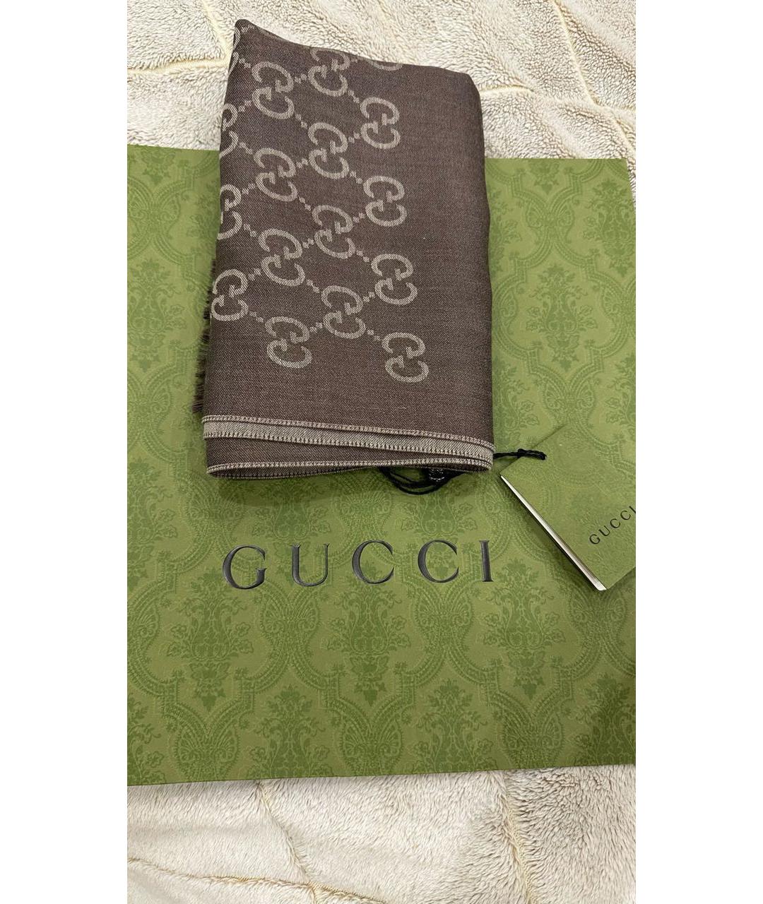 GUCCI Коричневый шерстяной шарф, фото 7