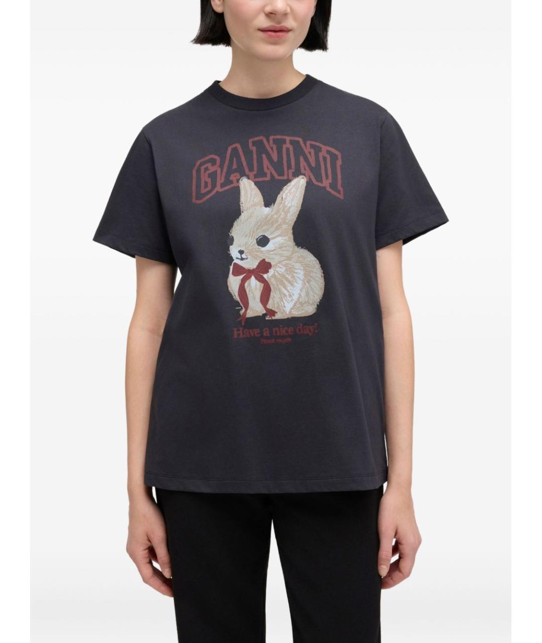 GANNI Черная хлопковая футболка, фото 2