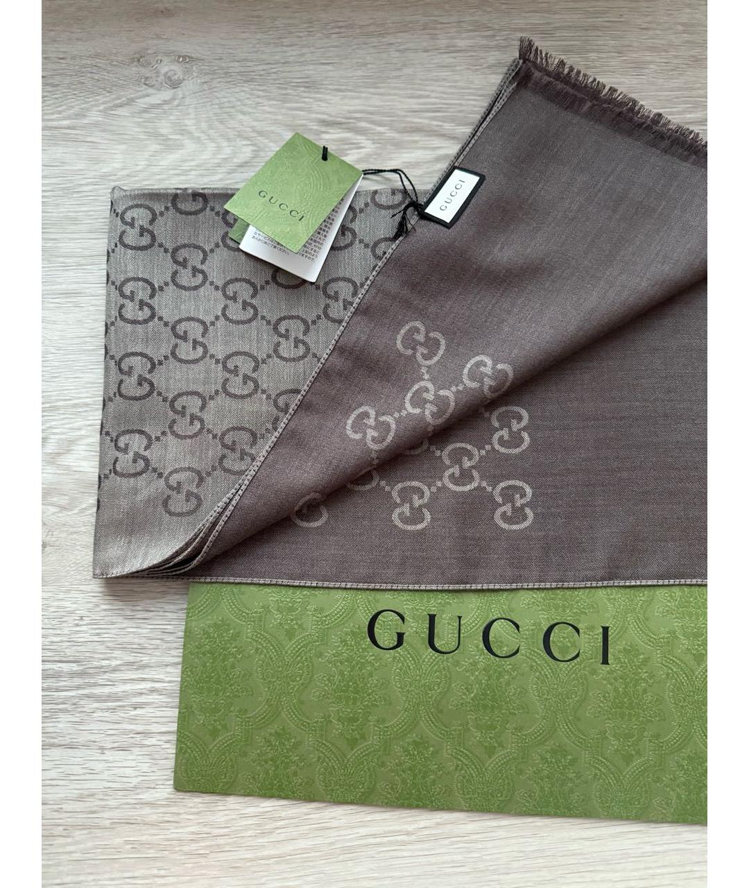 GUCCI Коричневый шерстяной шарф, фото 5