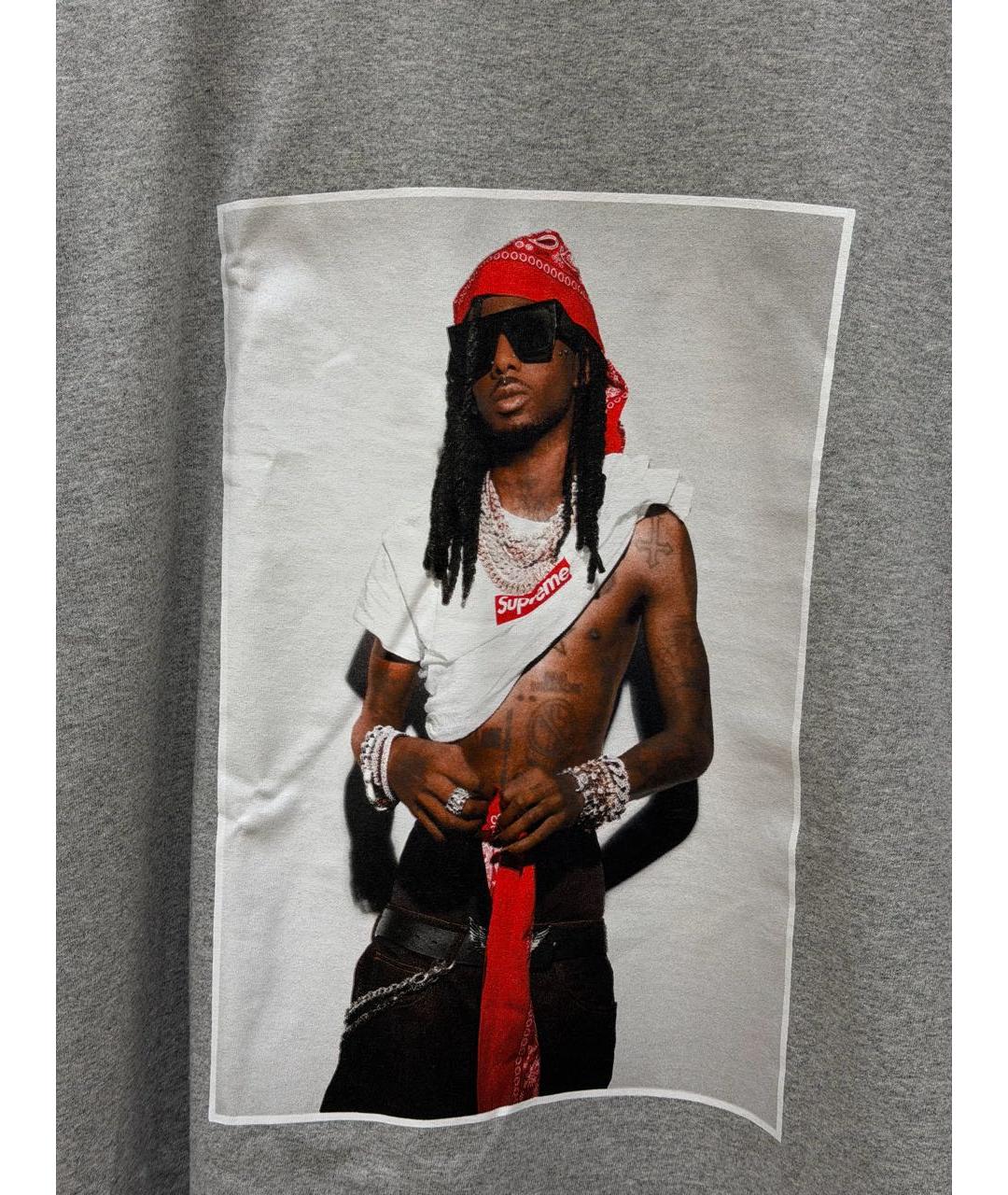 SUPREME Серая хлопковая футболка, фото 2