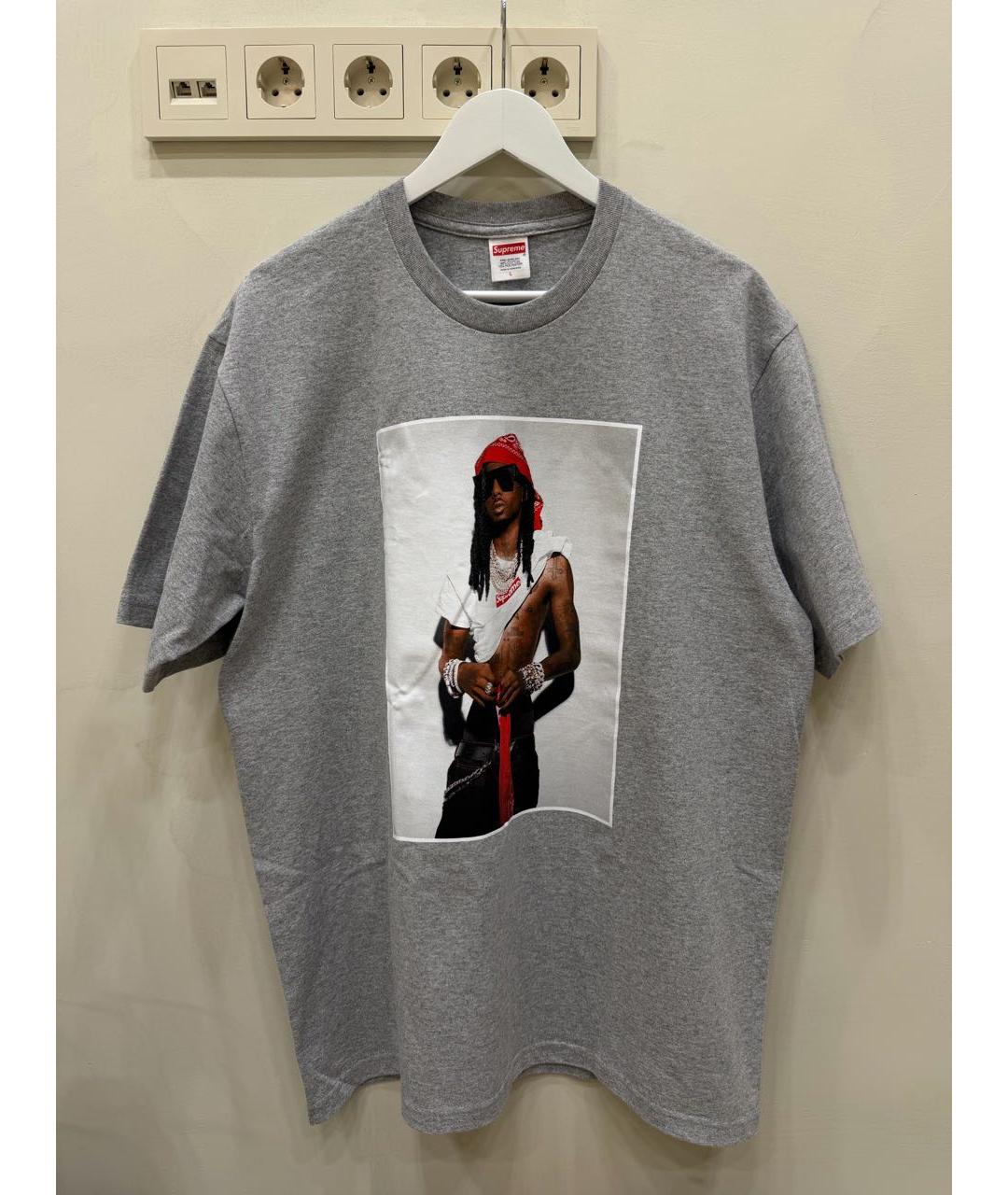 SUPREME Серая хлопковая футболка, фото 5