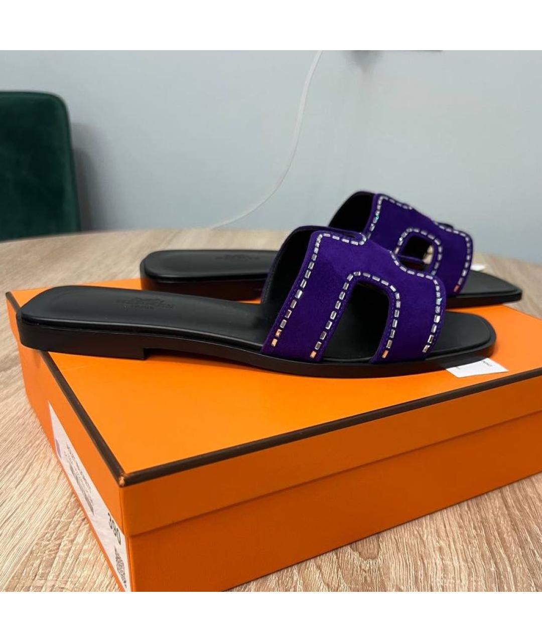HERMES Фиолетовые замшевые шлепанцы, фото 8