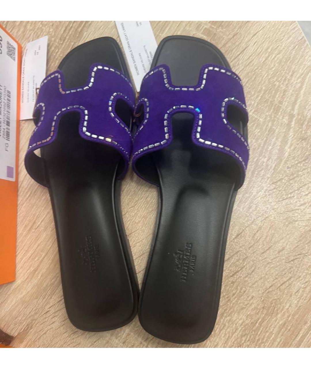 HERMES Фиолетовые замшевые шлепанцы, фото 2