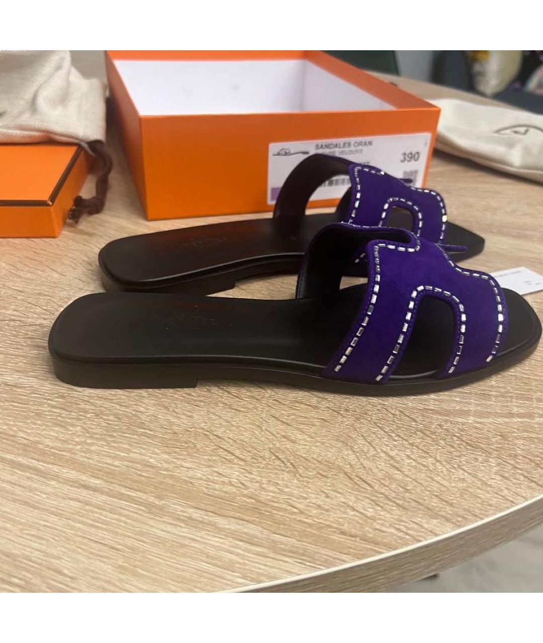 HERMES Фиолетовые замшевые шлепанцы, фото 4