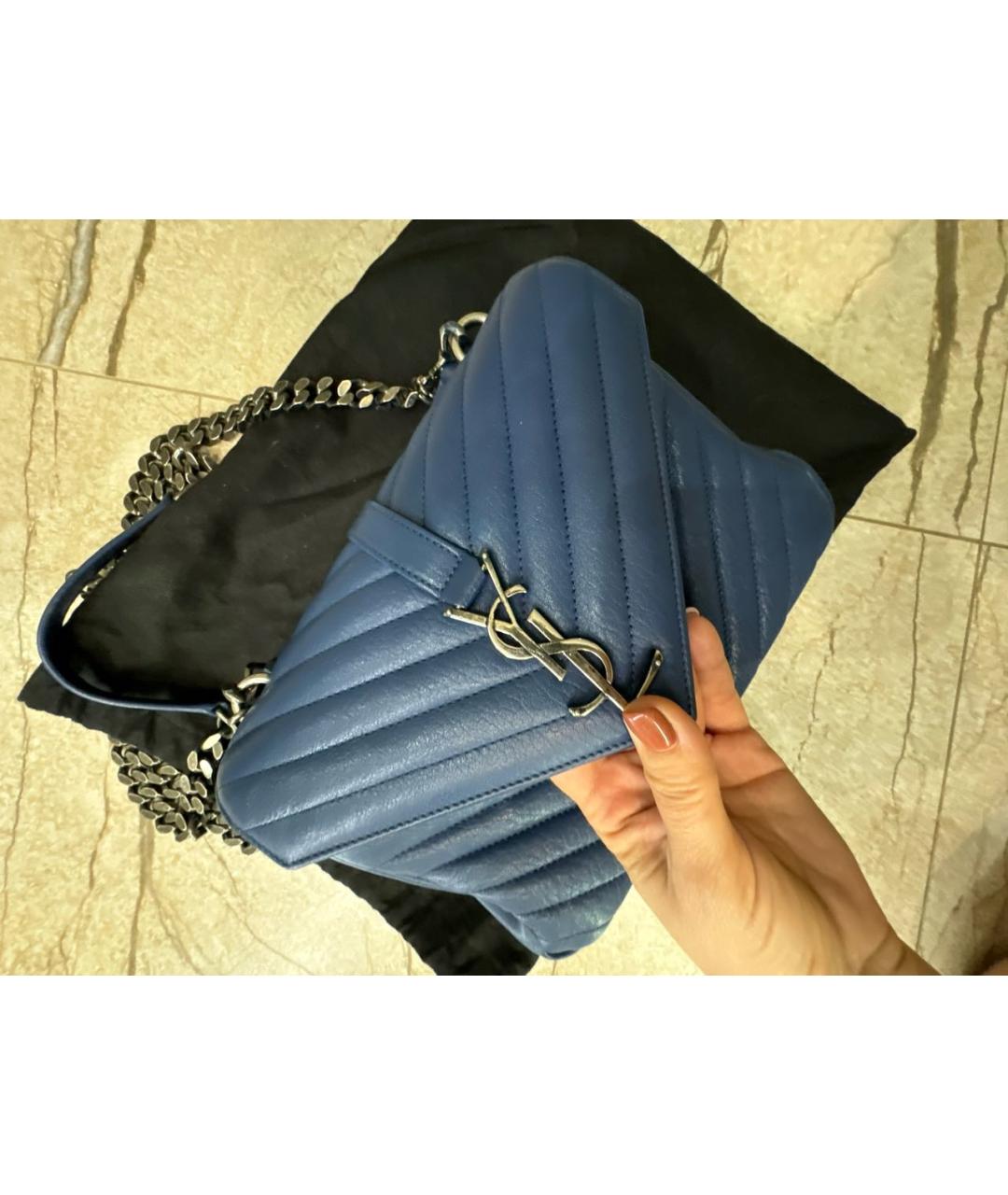 SAINT LAURENT Темно-синяя кожаная сумка с короткими ручками, фото 6