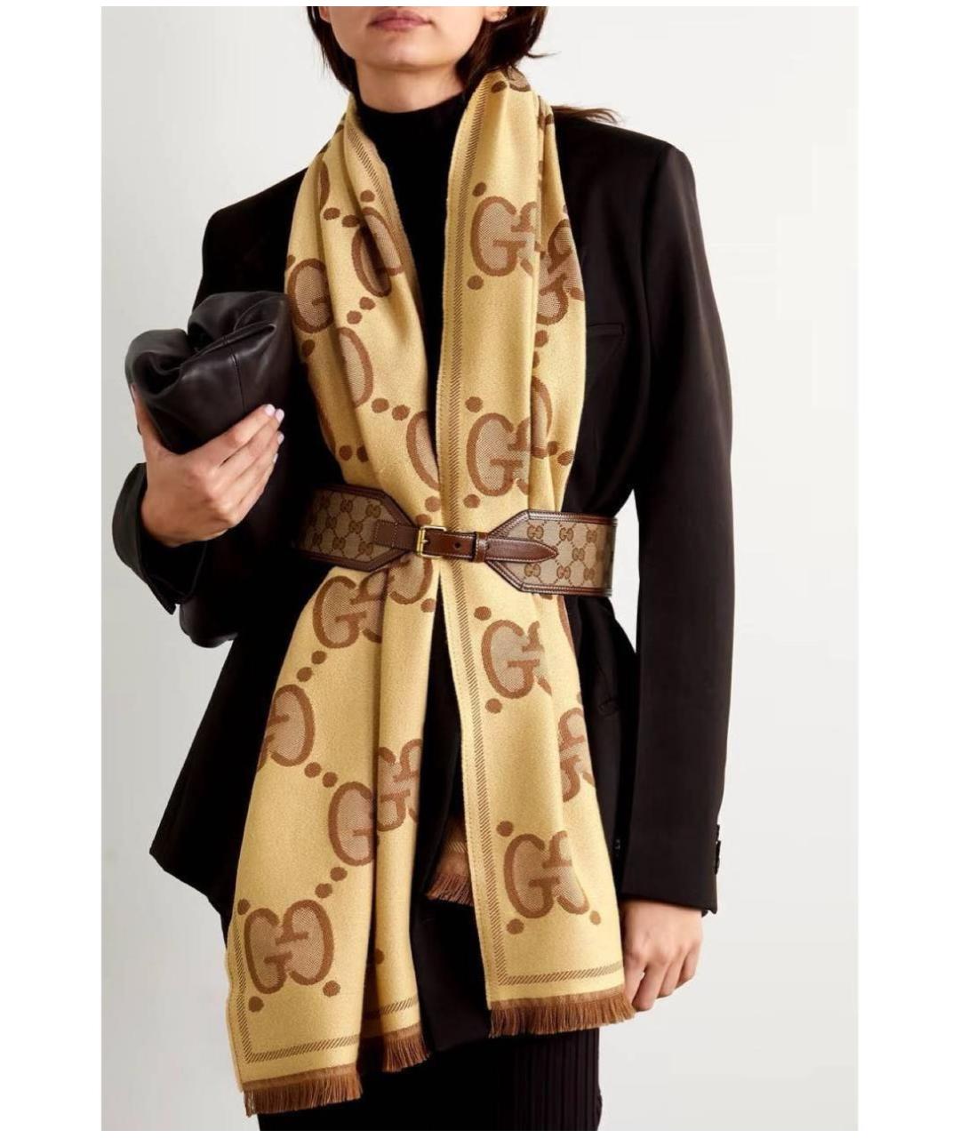 GUCCI Бежевый шерстяной шарф, фото 3