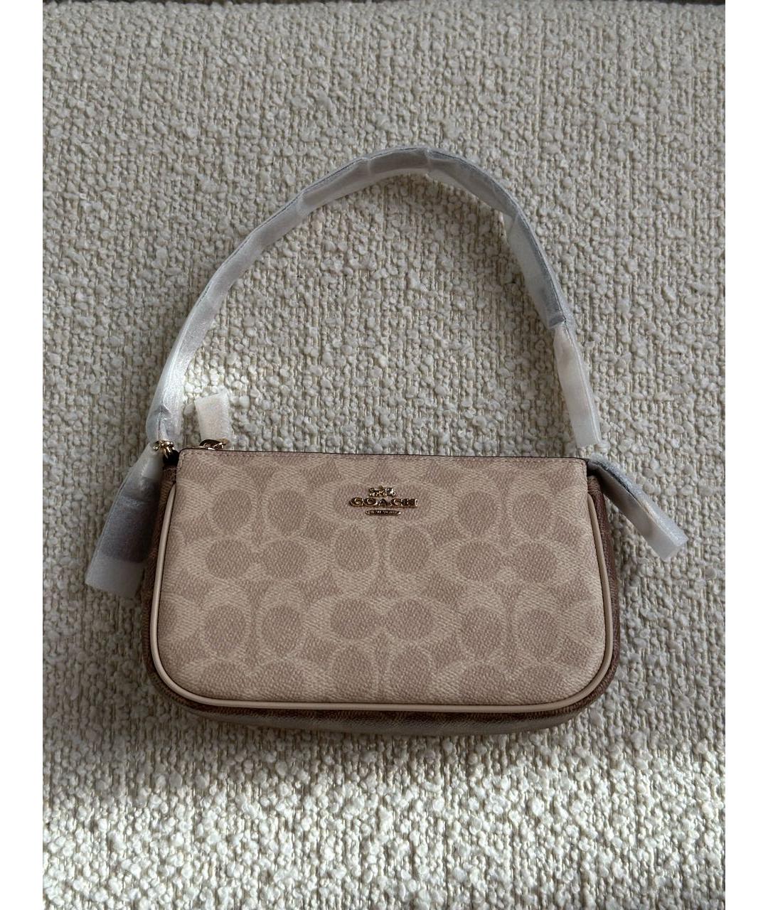 COACH Бежевая кожаная сумка с короткими ручками, фото 5