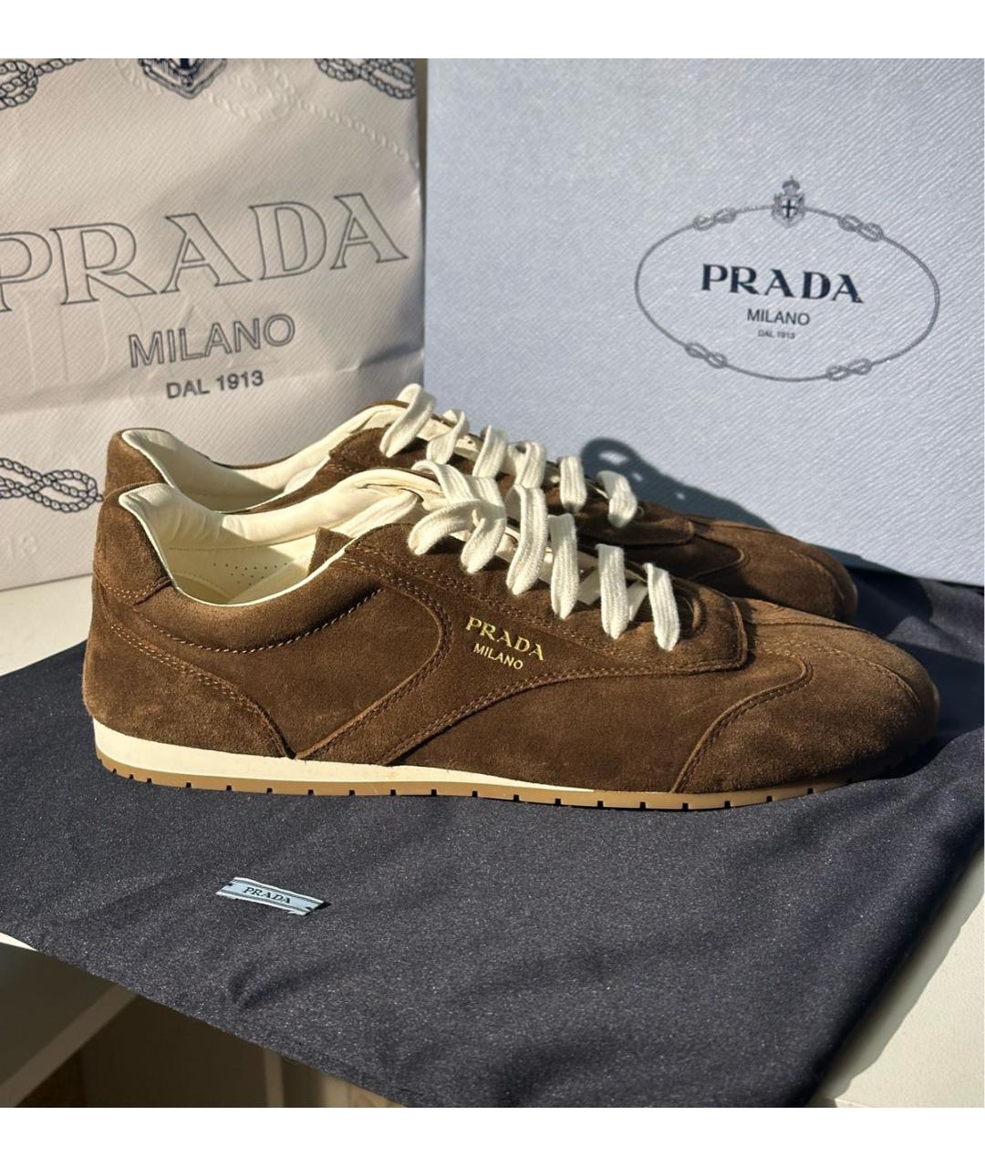 PRADA Коричневые замшевые кеды, фото 7