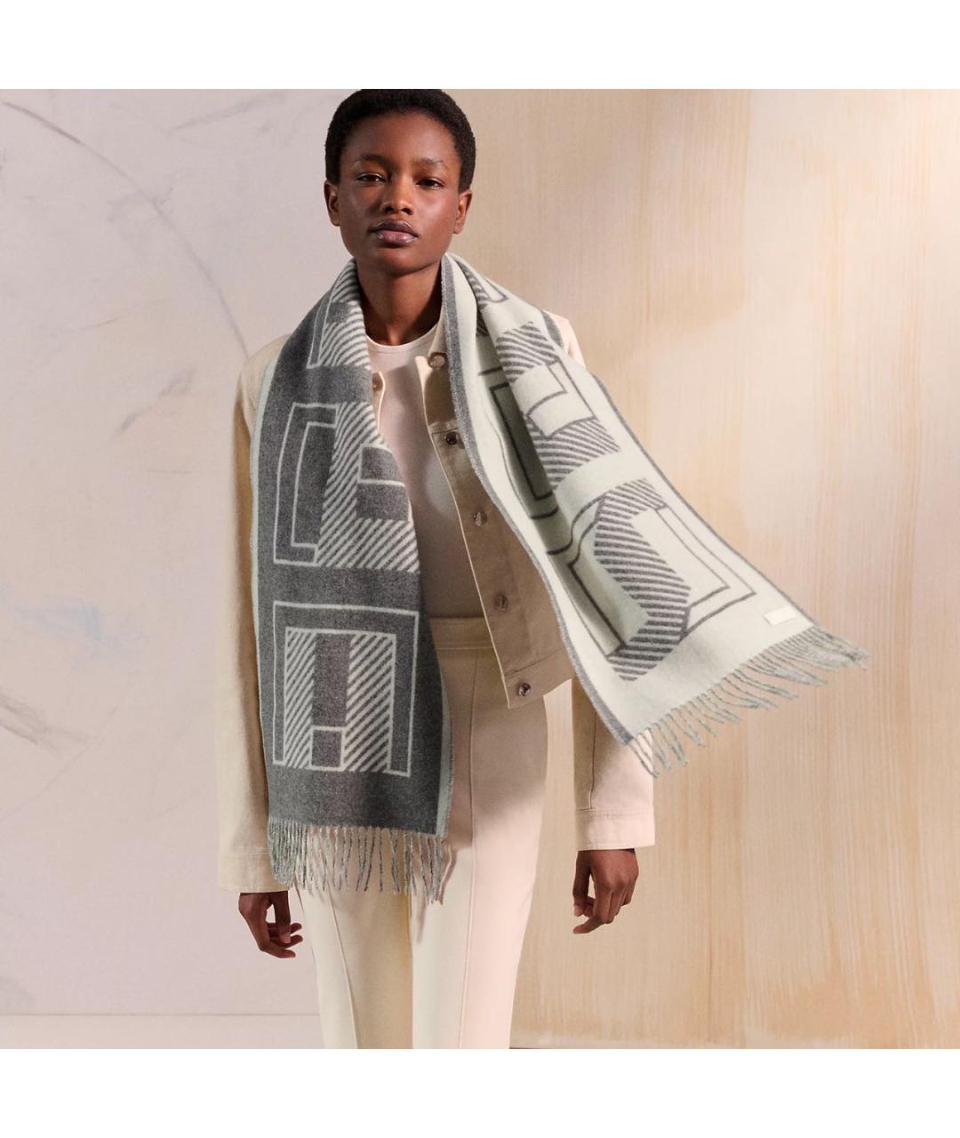 HERMES Серый кашемировый шарф, фото 2