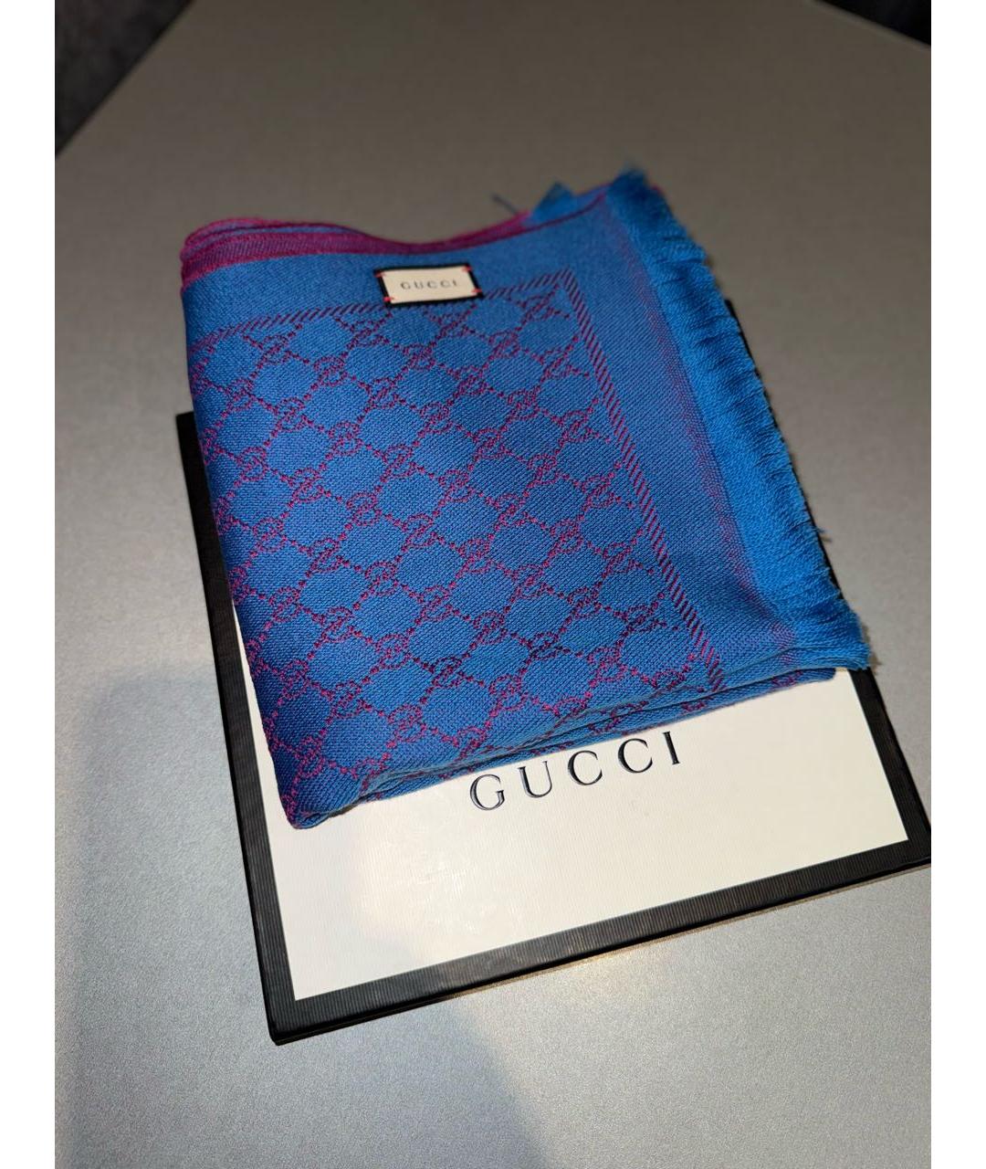 GUCCI Синий шерстяной шарф, фото 6