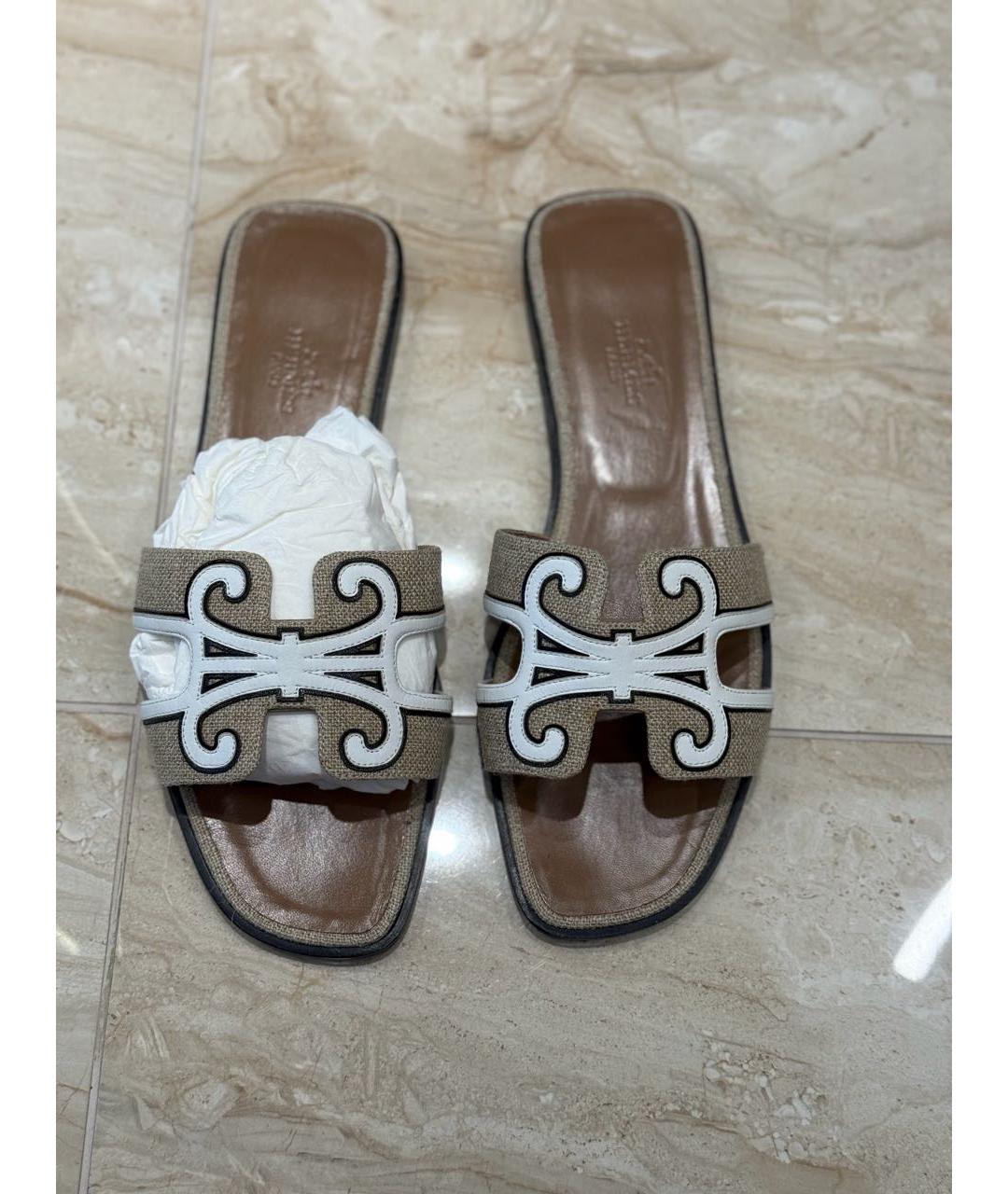 HERMES Бежевые текстильные шлепанцы, фото 2