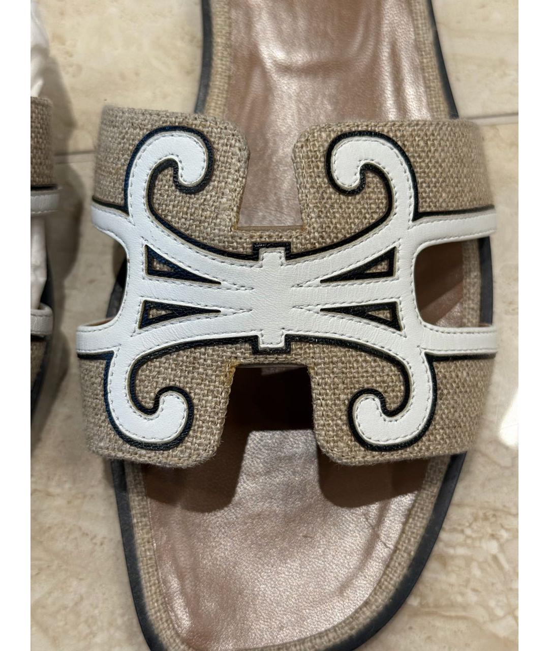 HERMES Бежевые текстильные шлепанцы, фото 3