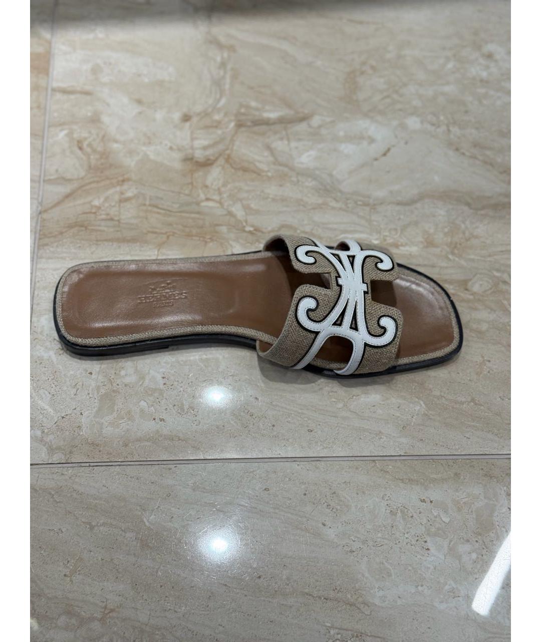 HERMES Бежевые текстильные шлепанцы, фото 7