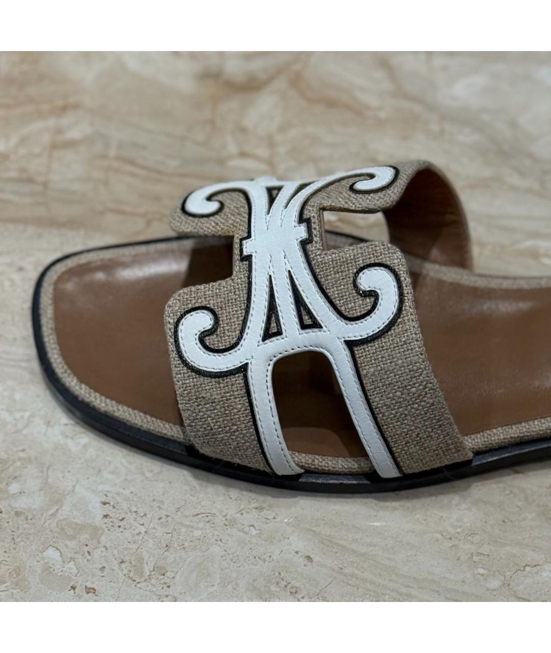 HERMES Бежевые текстильные шлепанцы, фото 5