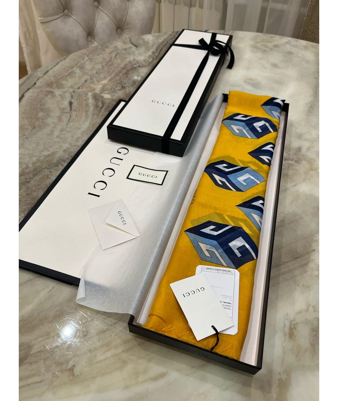 GUCCI Желтый шерстяной платок, фото 5