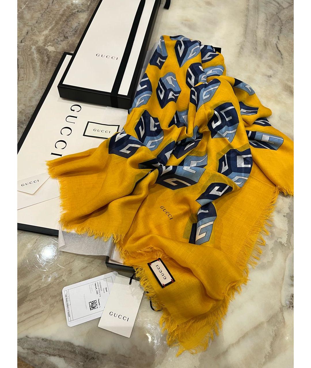 GUCCI Желтый шерстяной платок, фото 3