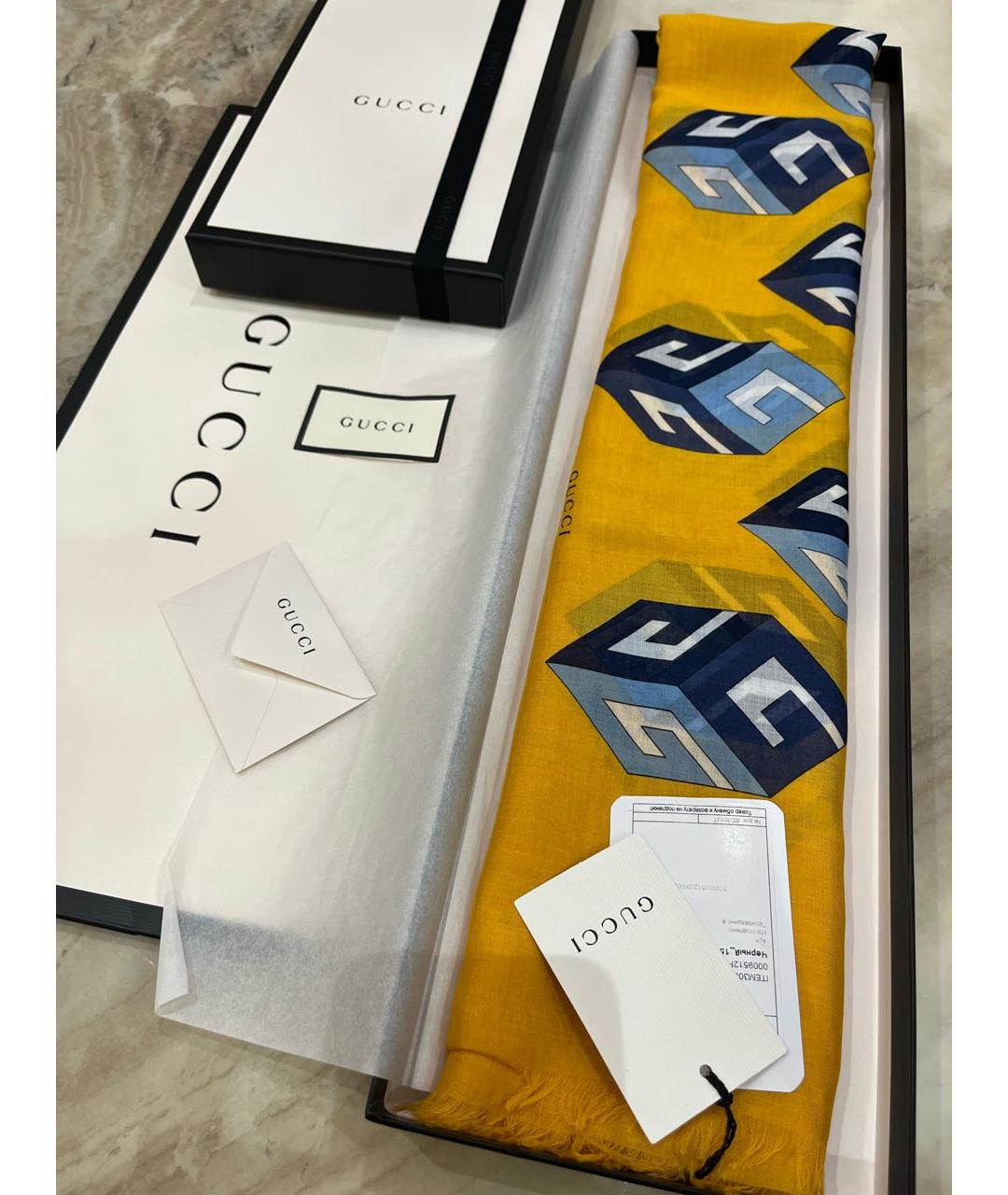 GUCCI Желтый шерстяной платок, фото 2