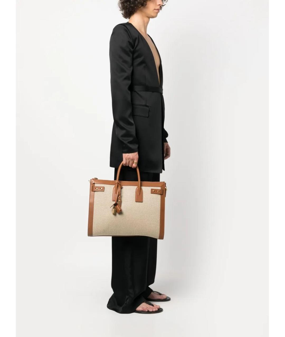 SAINT LAURENT Бежевая льняная сумка тоут, фото 2