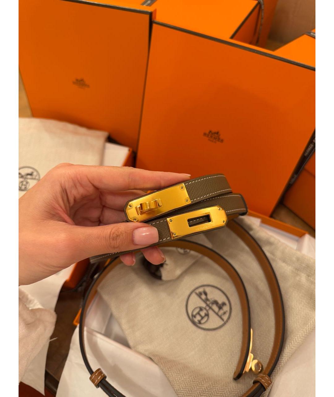 HERMES Хаки кожаный ремень, фото 3