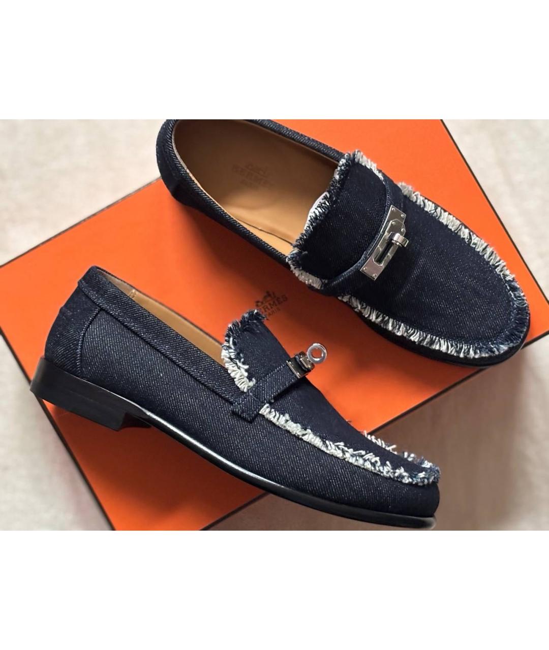 HERMES Темно-синие текстильные лоферы, фото 8