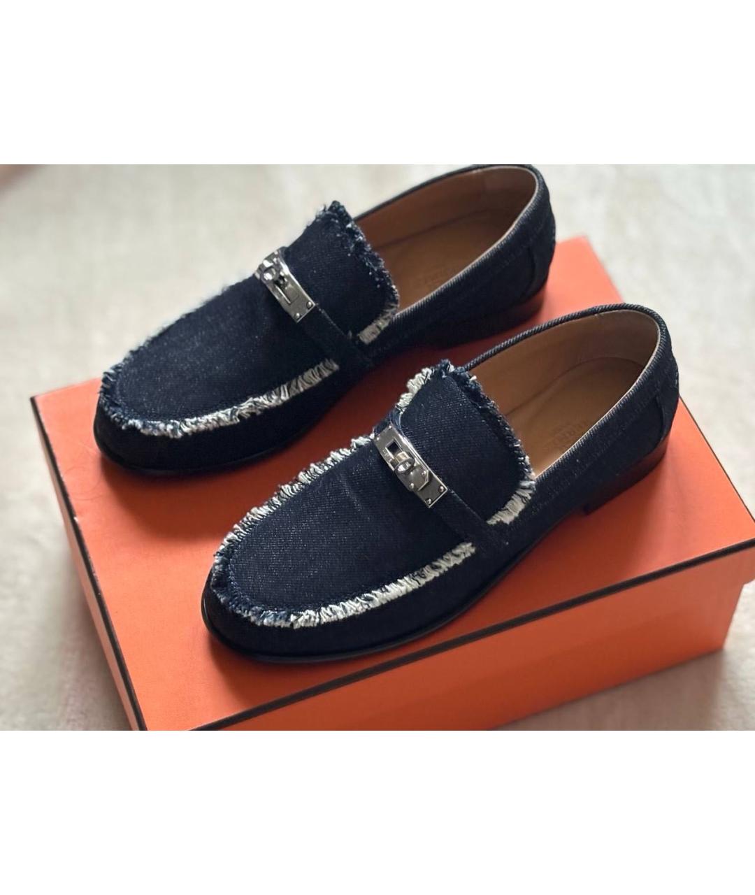 HERMES Темно-синие текстильные лоферы, фото 2