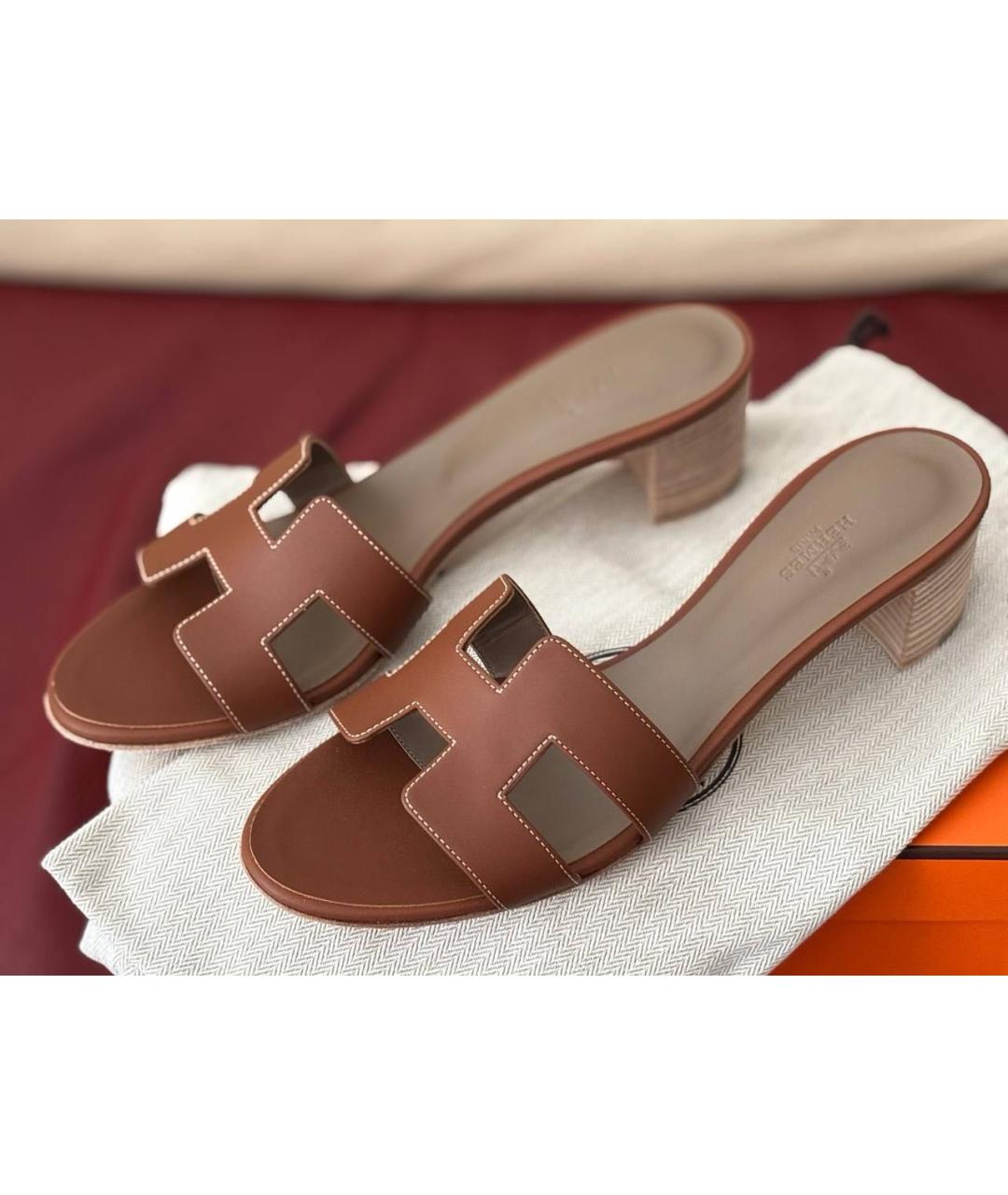 HERMES Коричневые кожаные мюли, фото 8