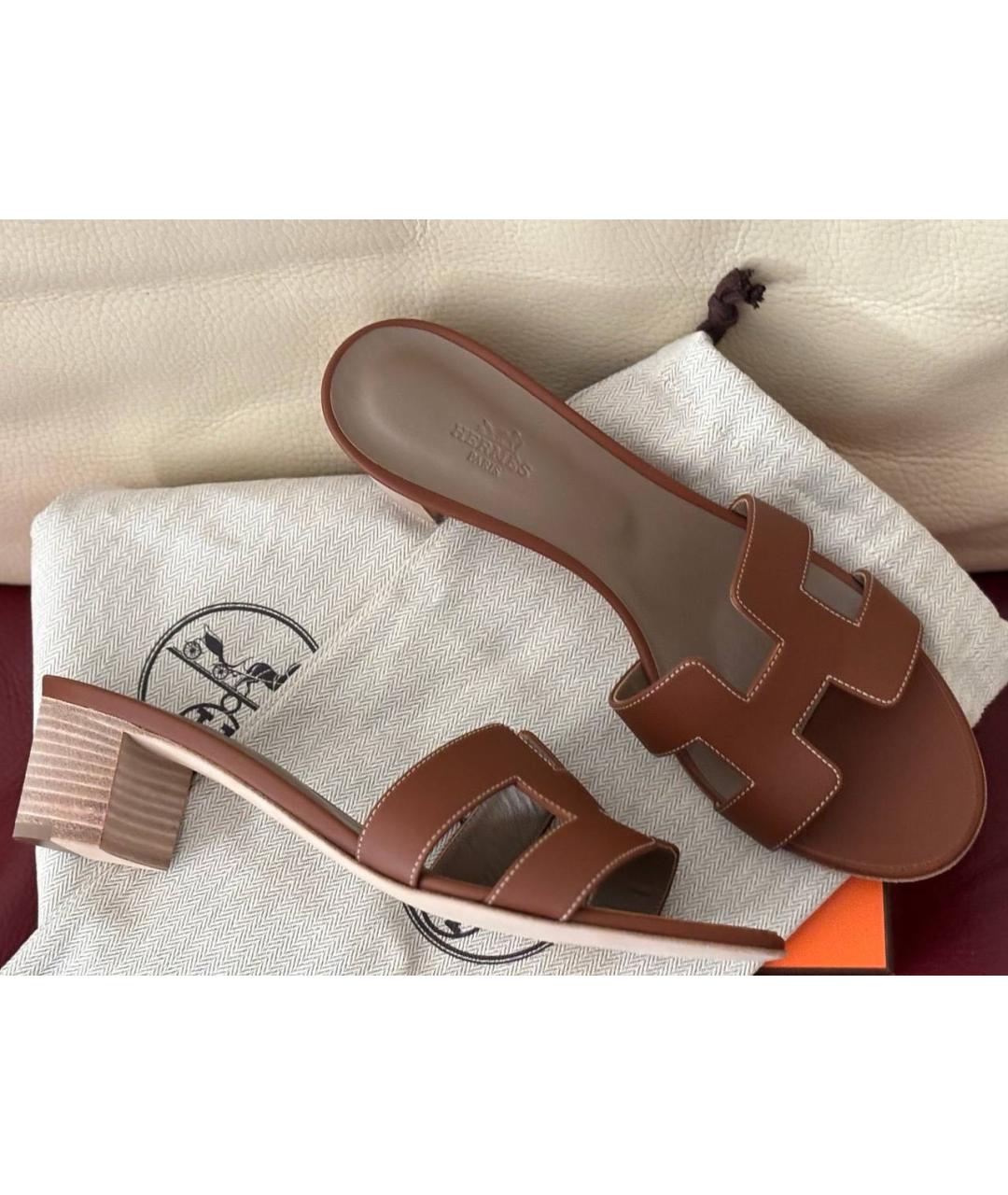 HERMES Коричневые кожаные мюли, фото 2