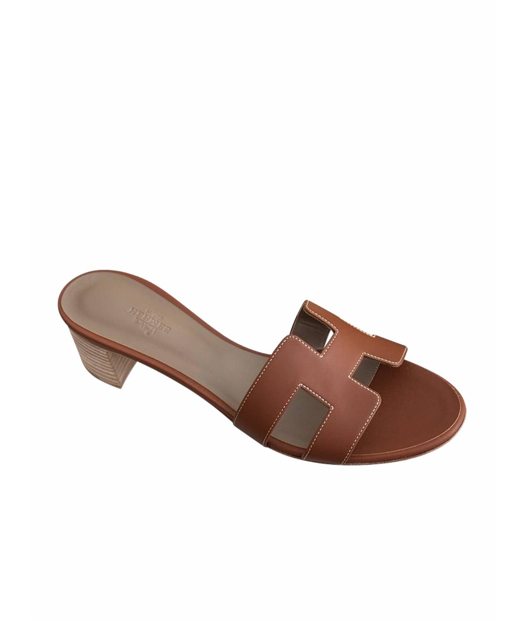 HERMES Коричневые кожаные мюли, фото 1