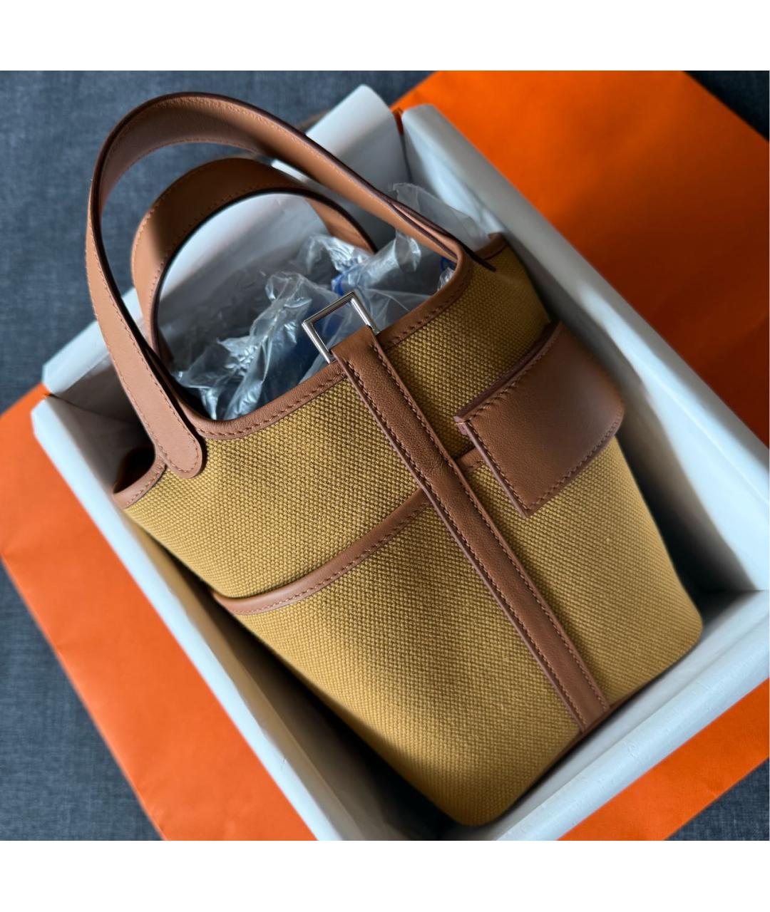 HERMES Коричневая тканевая сумка с короткими ручками, фото 6