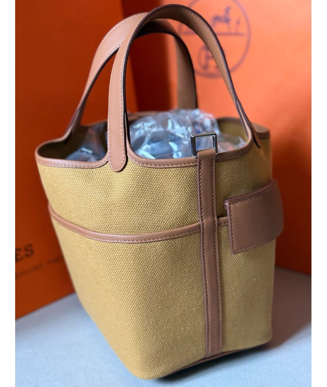 HERMES Коричневая тканевая сумка с короткими ручками, фото 3