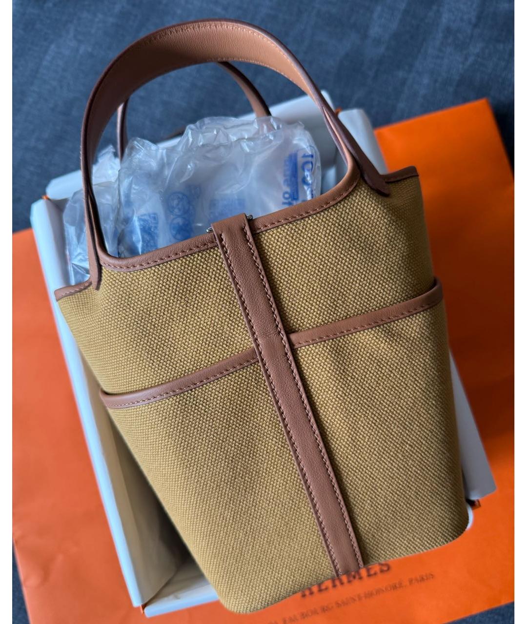 HERMES Коричневая тканевая сумка с короткими ручками, фото 2