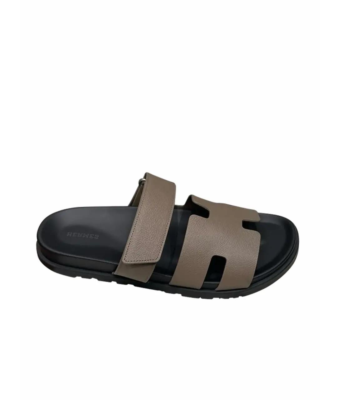 HERMES Коричневые кожаные шлепанцы, фото 1