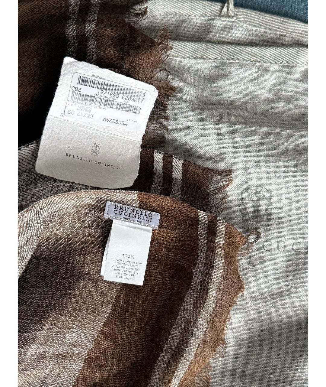BRUNELLO CUCINELLI Коричневый льняной шарф, фото 4