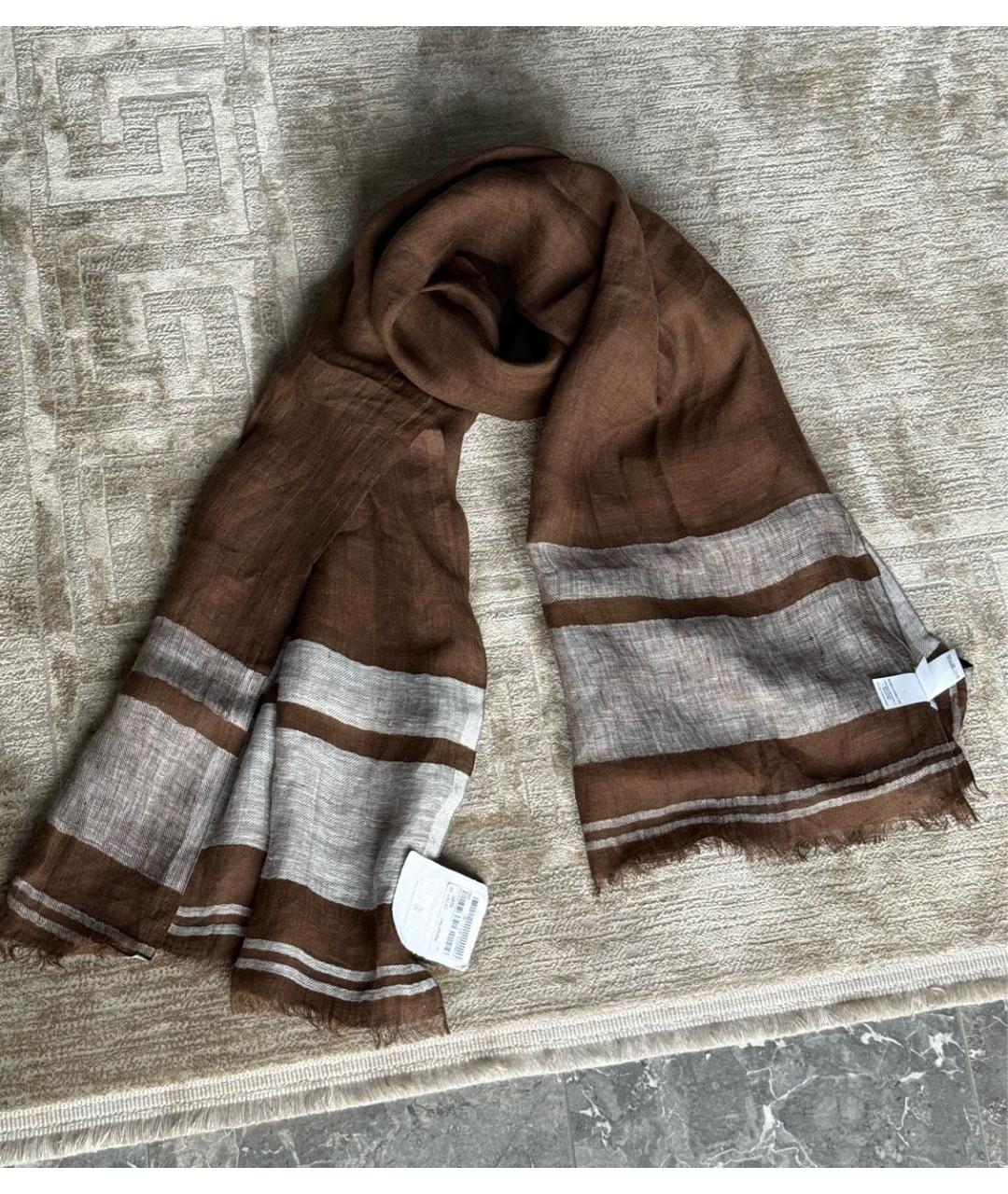 BRUNELLO CUCINELLI Коричневый льняной шарф, фото 6