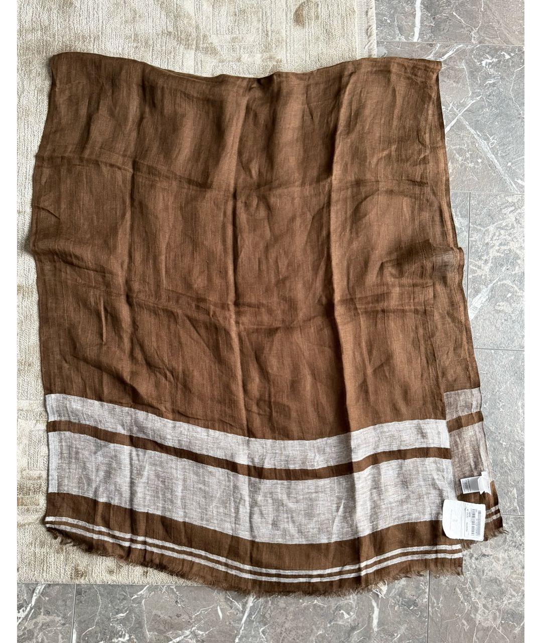 BRUNELLO CUCINELLI Коричневый льняной шарф, фото 8